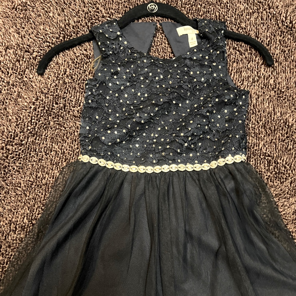Navy blue rhinestone belted girls holiday dress. Size 6